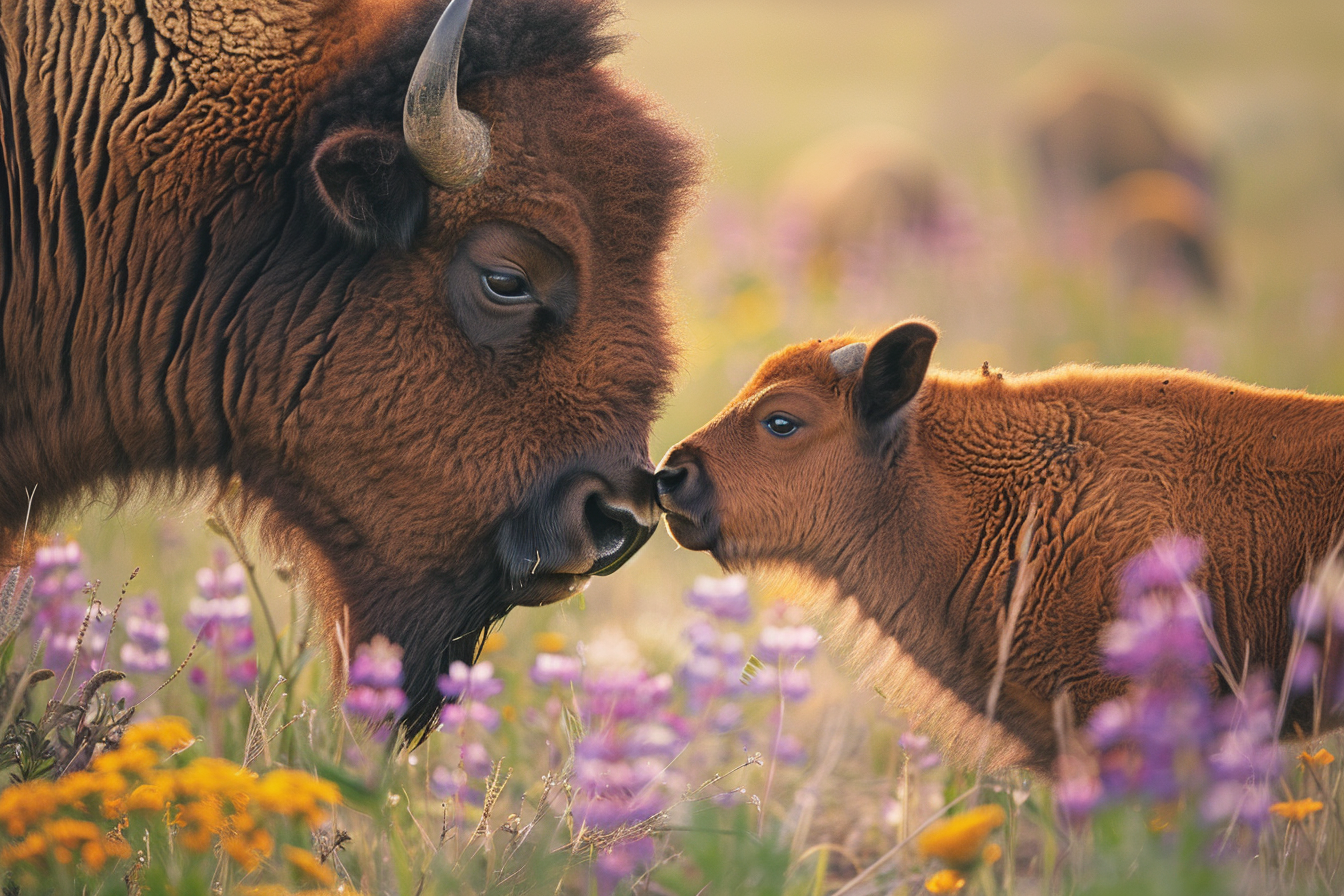 Buffalo mother and young calf in spring pasture flowers