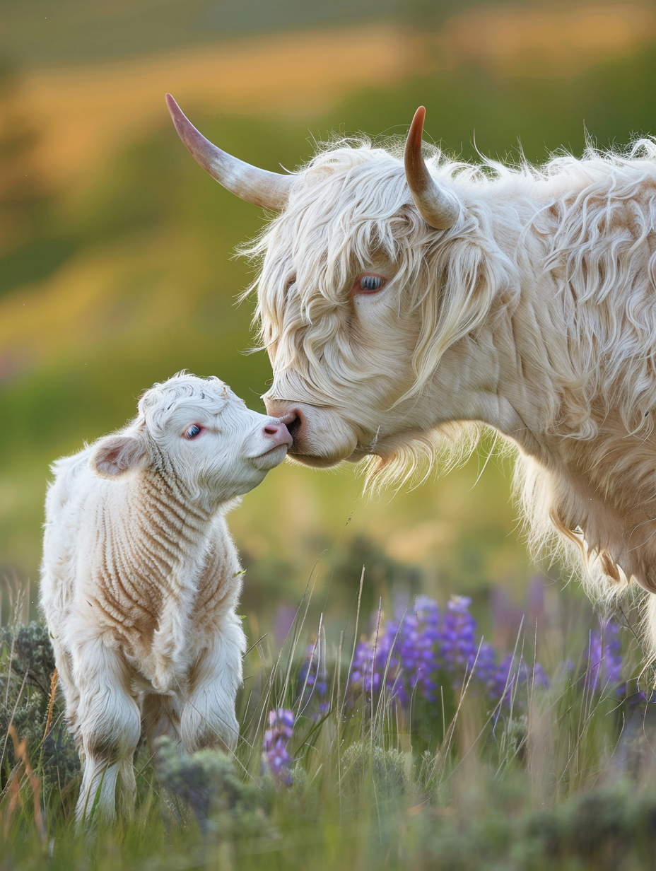 Cream Highland cow with new calf in spring flowers