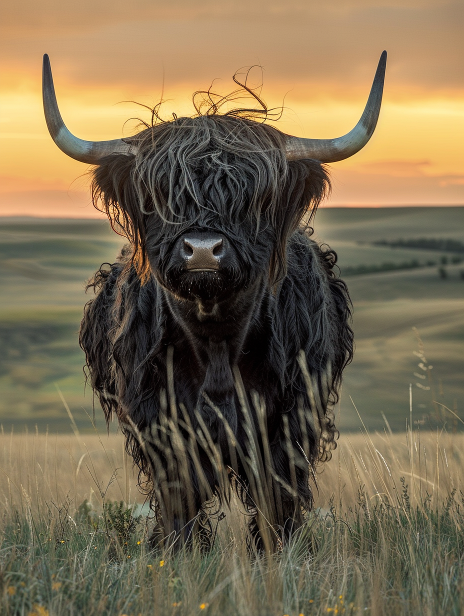 Zeus Highland bull in spring pasture
