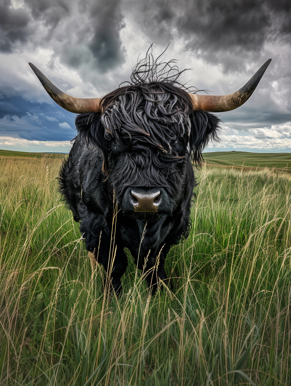Zeus Highland bull stare down spring grass