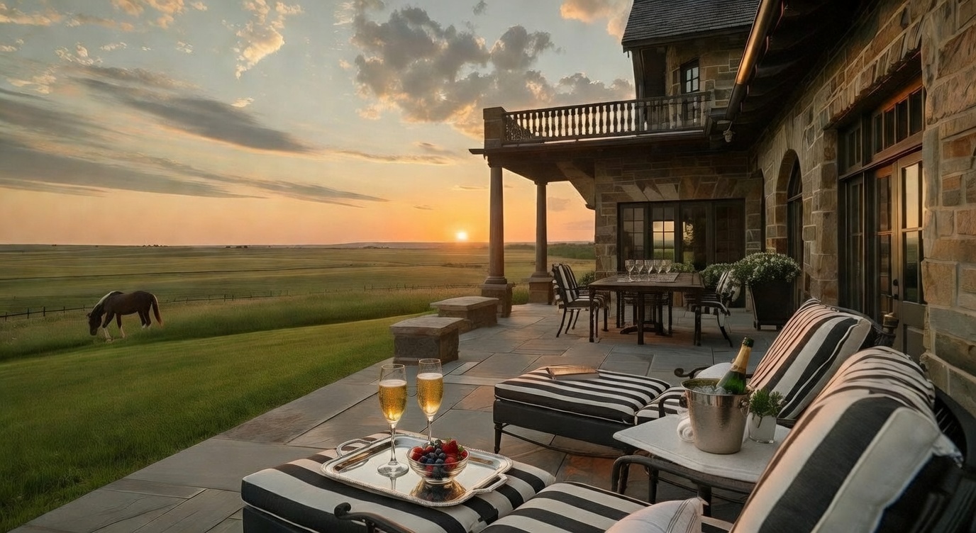 Champagne and strawberries on a prairie porch at sunrise